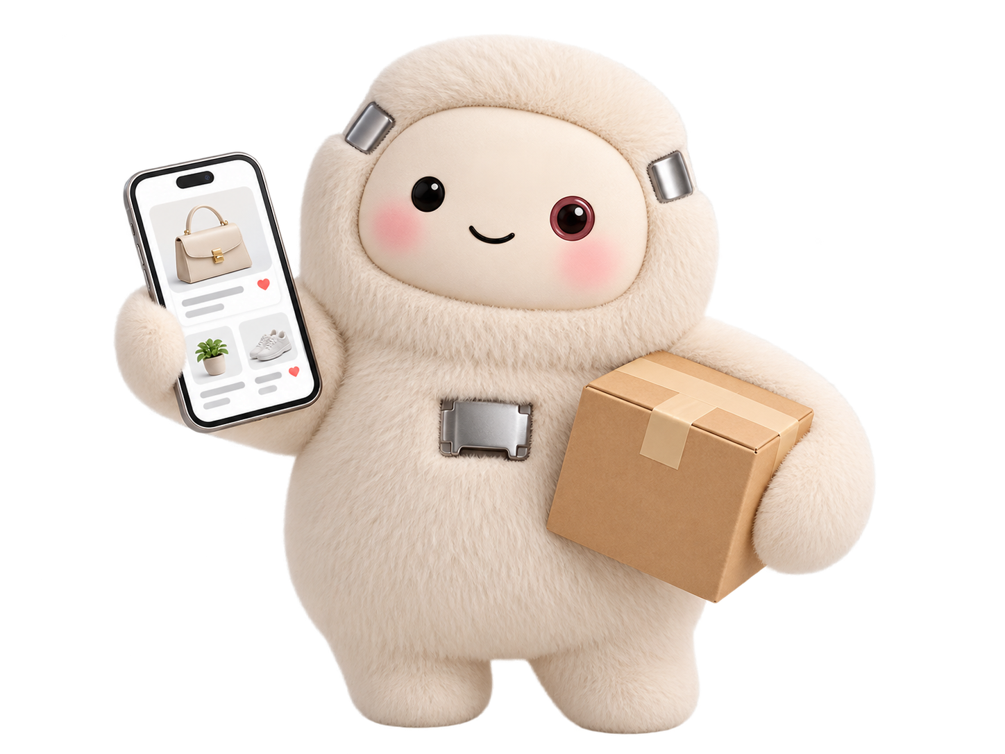 Cute plush AI marketplace agent holding a phone and package