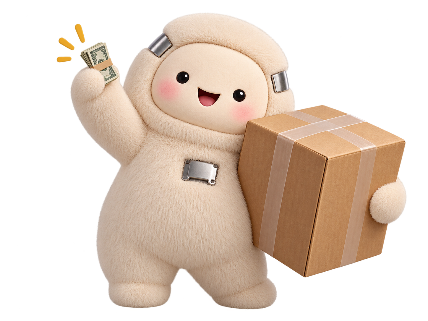 Happy AI sales agent holding a tiny stack of cash and a large package